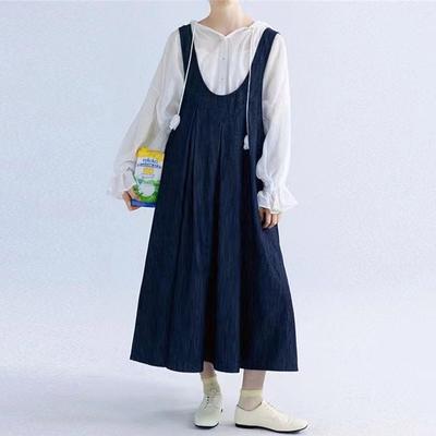 Japanese Denim Strap Dresses Autumn Loose Casual Lace Layered Sleeveless Casual Vest Dresses