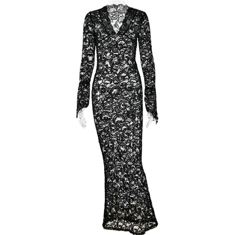 

Fashion Fashion Sexy Slim Long Sleeve Dress Long Dress Sexy Bodycon Lace Maxi Dress Black S