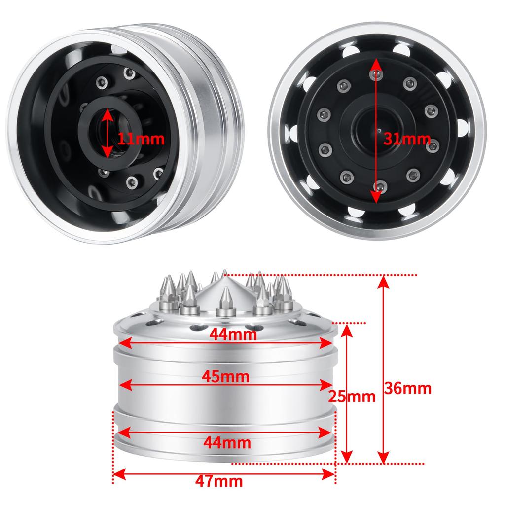 TRZX 2-Piece Metal Front Wheel Hub Rim Upgrade Parts for 1/14 Scale Tamiya Tractor Trailer RC Car (2 Pieces)