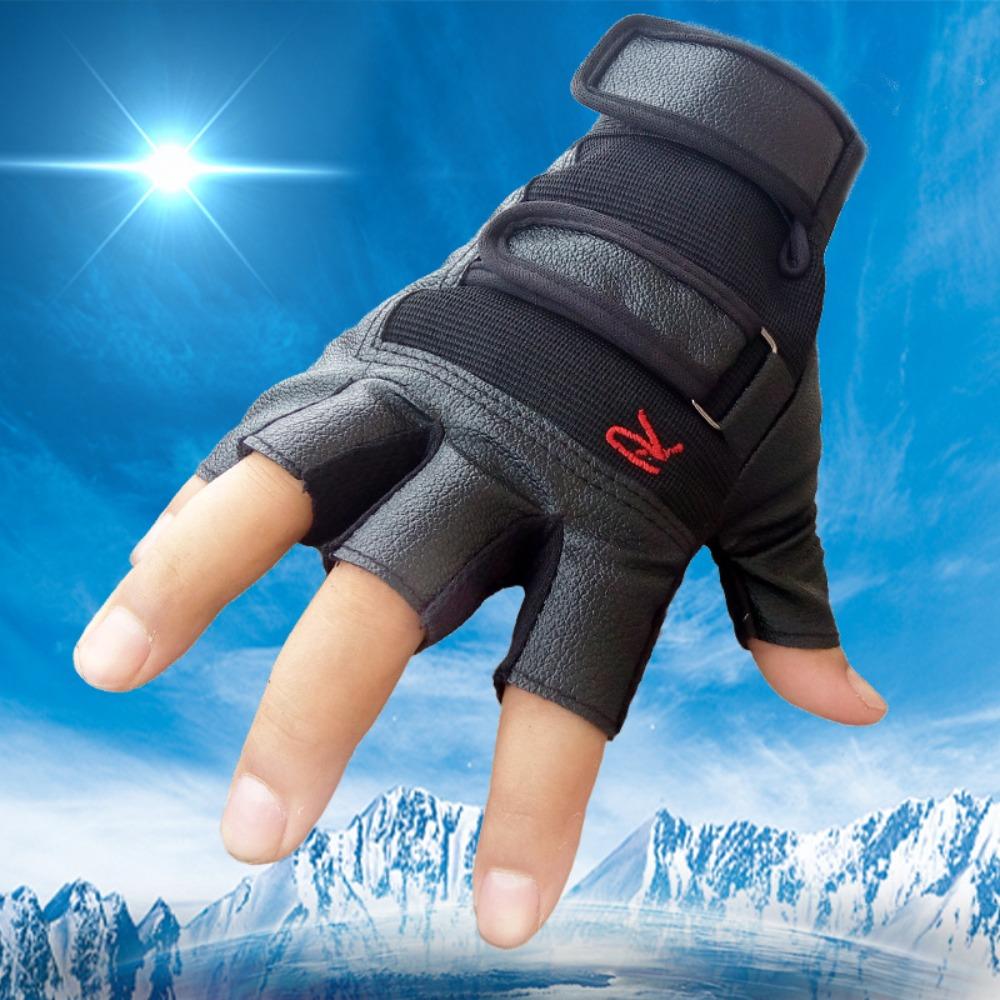 R leather half-finger gloves men's autumn and winter Korean version of non-slip fitness bicycle sports leaking finger imitation leather gloves