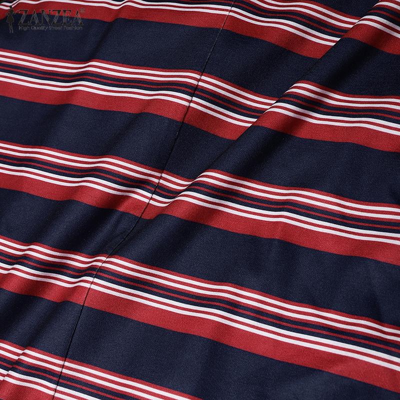 ZANZEA Women Casual Round Neck Summer Short Sleeve Stripe Patchwork Long Dress