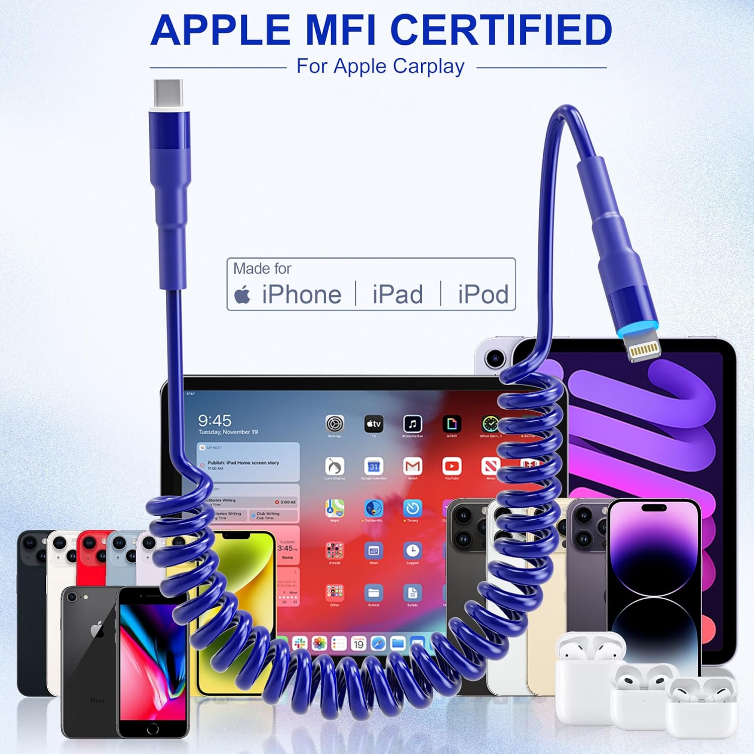 Coiled USB C to Lightning Cable, Coiled Lightning Charger Cable for CarPlay and Android Auto, Coiled Android Auto Cable for iPhone 16/15/Plus/Pro/Pro