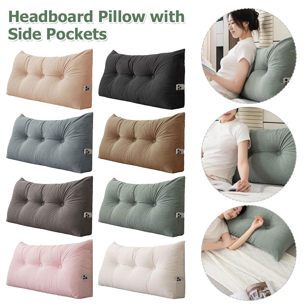 Headboard Pillow Positioning Support Reading Bolster Cushion with Side Pockets Back Support Long Pillow for Bed Sofa