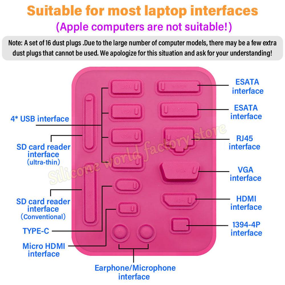 SW 16Pcs/Set Silicone Dust Plug for Laptop Dust Covers Notebook Computer Port Dust Plugs Stoppers HDMI USB RJ45 Interface Cover
