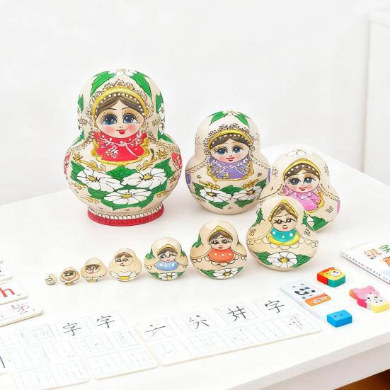 10Pcs/Set Vintage Russian Nesting Doll Handmade Wooden Matryoshka Doll 10 Layers Girl Stacking Toy Home Office Desktop Decoration Ornament