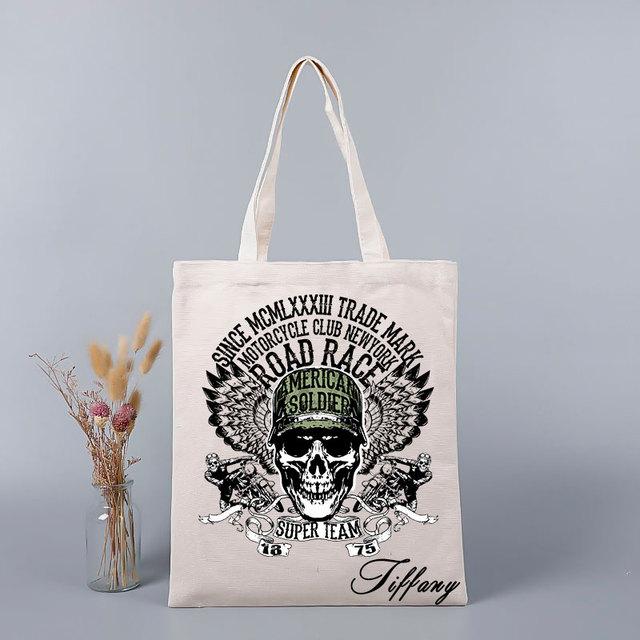 Geantă de tote de vară cu imprimeu personalizat cu nume, geantă de cumpărături cu craniu, geantă de cumpărături pentru doamnă, geantă de pânză pentru cumpărături, geantă de mână ecologică pentru femei Harajuku, fată, umăr