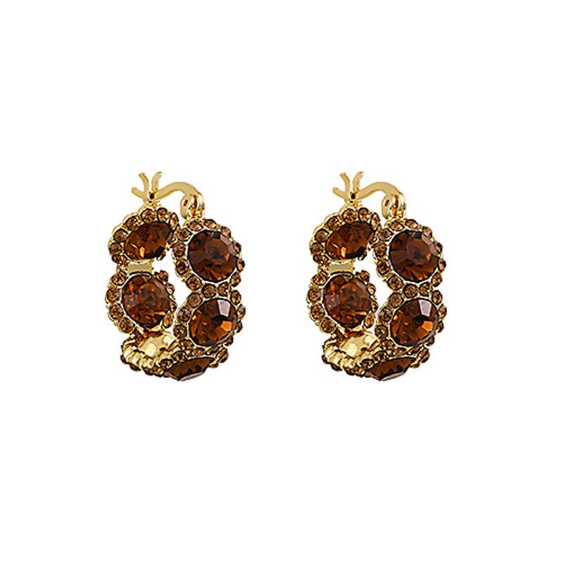 Maillard color crystal circle ear buckle women's unique temperament light luxury earrings new popular high-end stud earrings