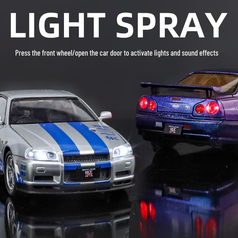 1:24 Alloy GTR R34 Model Car Toy with Sound, Light, Openable Doors, Four-Wheel Steering, and Pull-Back Action