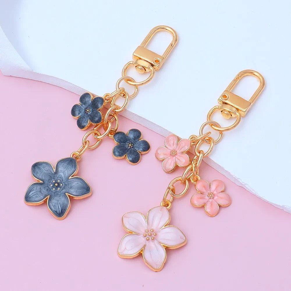 Alloy Cherry Blossom Keychain Enamel Coating Cute Bag Charm Durable Pearl Drop Keyring For Women