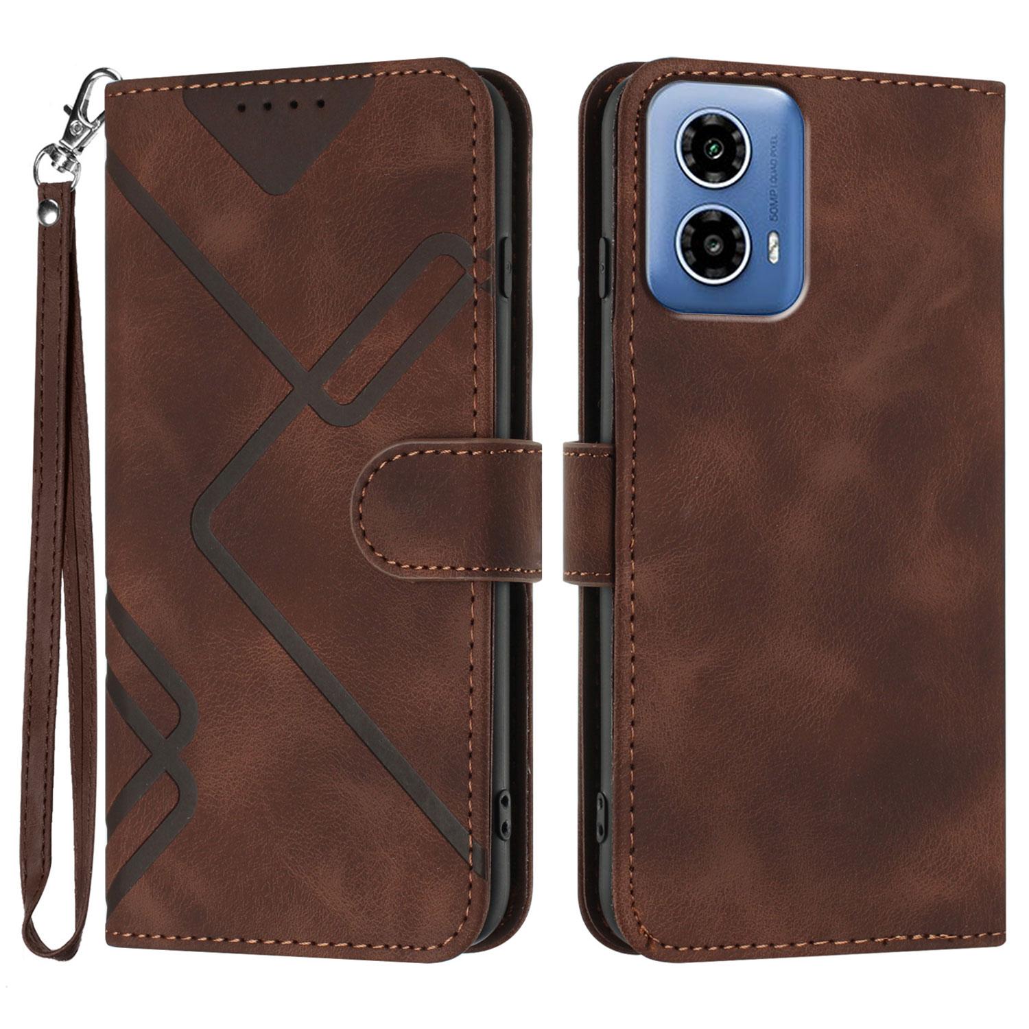 

For Motorola Moto G45 5G/Motorola Moto G34 5G Wallet Case Line Imprinted PU Leather Phone Cover with Strap Brown