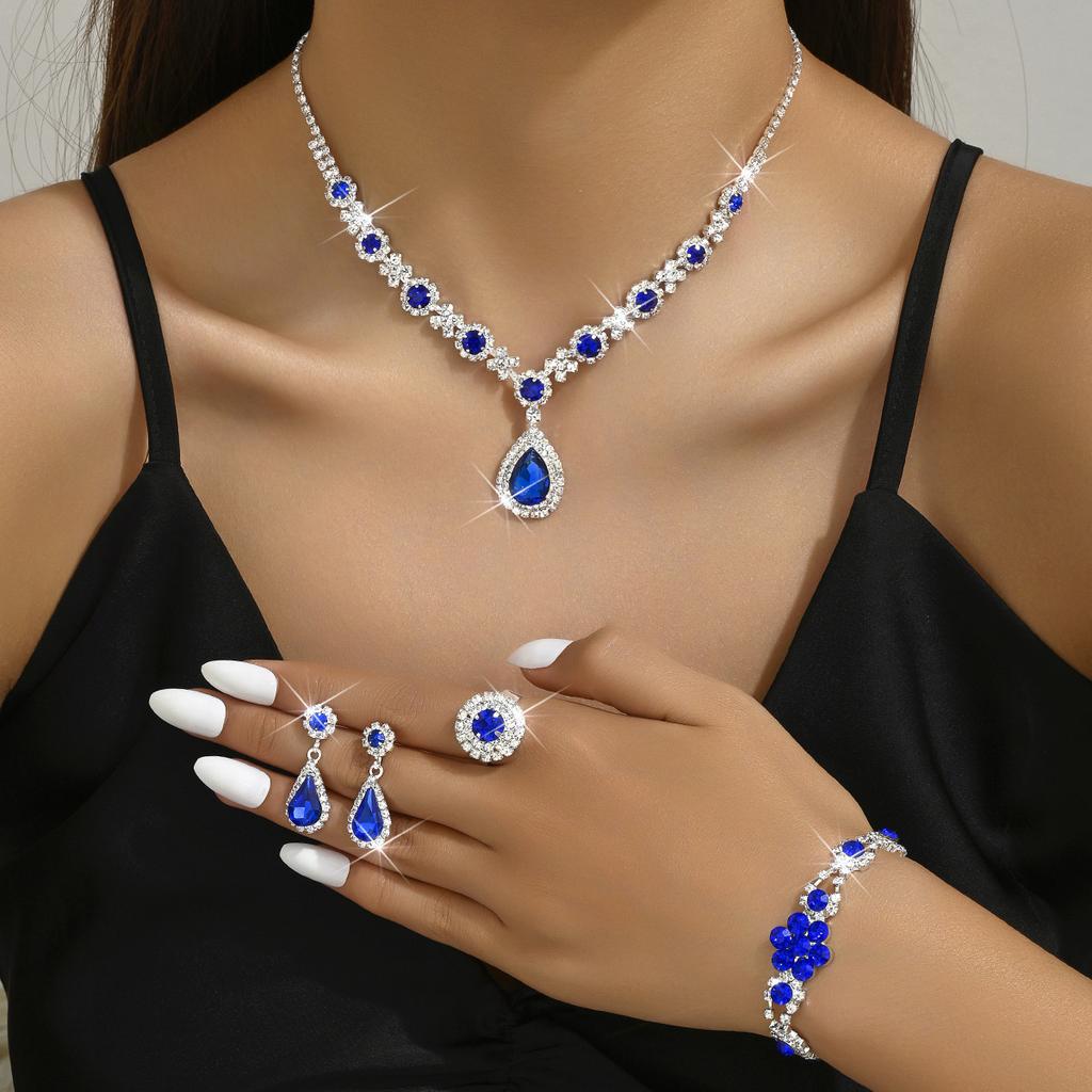 Luxury Crystal Teardrop Jewelry Set for Women Necklace Earrings Bracelet Ring 4 Piece Elegant Fashion Gift