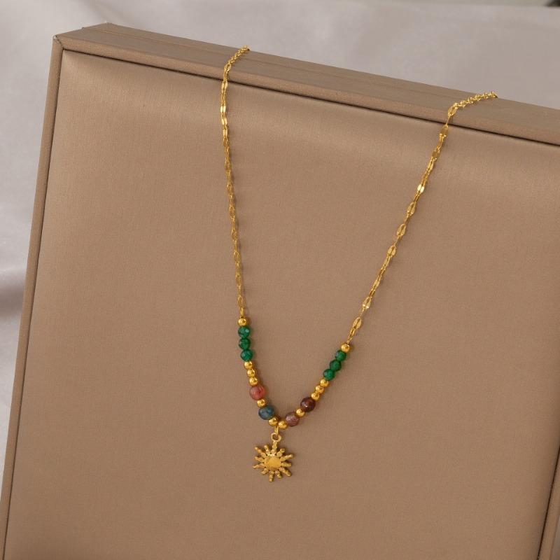 Women Vintage Multicolor Natural Stone Beaded Layered Clavicle Pendant Necklace