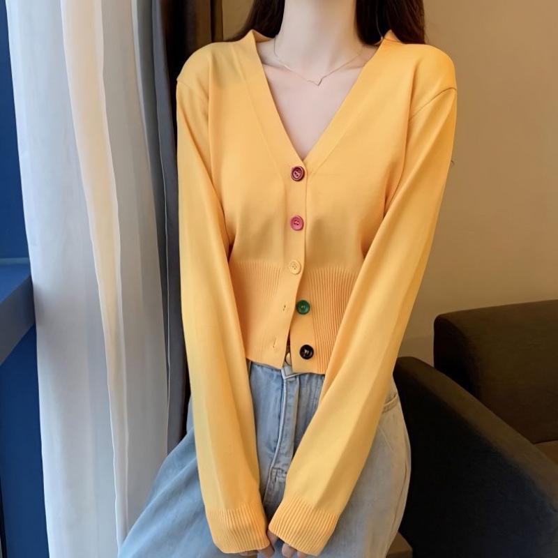 Versatile Korean V-neck Slimming Knit Cardigan - Spring/Autumn Long Sleeve Outerwear