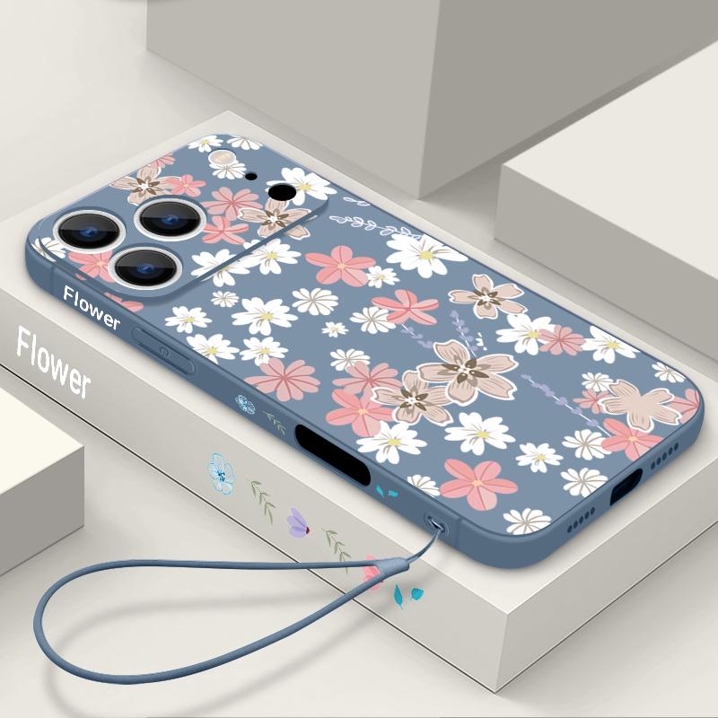Pink Cartoon Floral Lanyard Case For iPhone 17 Pro Max iPhone 16 15 14 13 Pro Max 11 16E 17E Soft Silicone Phone Back Cover