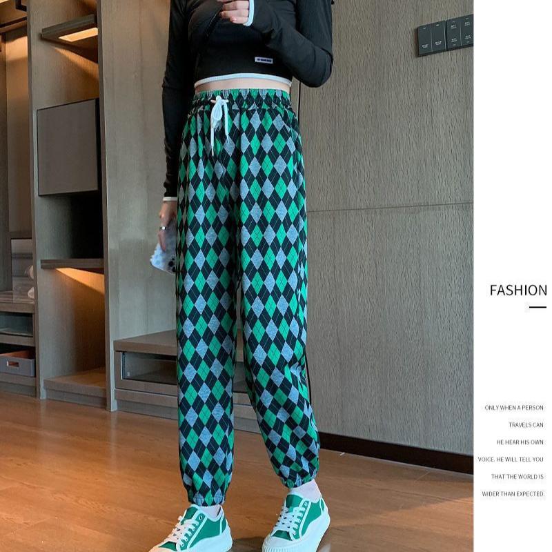 Summer Women's Harem Pants Plaid Print High-waisted Corset Casual Cropped Pants