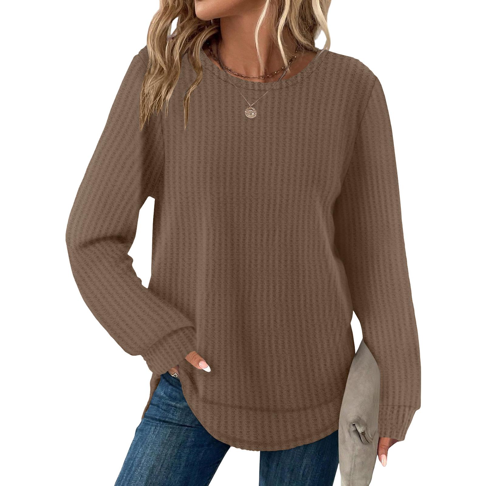 

Women s Fashion Solid-Color Loose-Fit Long-Sleeve Neck Casual Top L коричневий