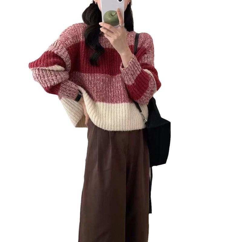 Soft Waxy Lazy Wind Striped Design Sweater Women's Autumn and Winter Retro Loose Round Neck Pullover Top