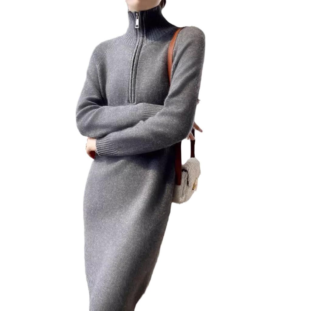 Semi-turtleneck Zipper Sweater Skirt Autumn and Winter New Lazy Long Loose Large Size Knitted Dress Women