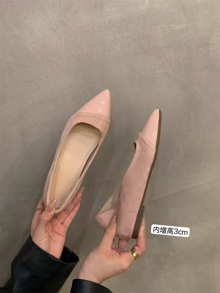 Inner Height Increase Pointed French Small Fragrant Single Shoes Women's Shoes 2025 Spring and Summer Suede Splicing with Skirt Evening Shoes