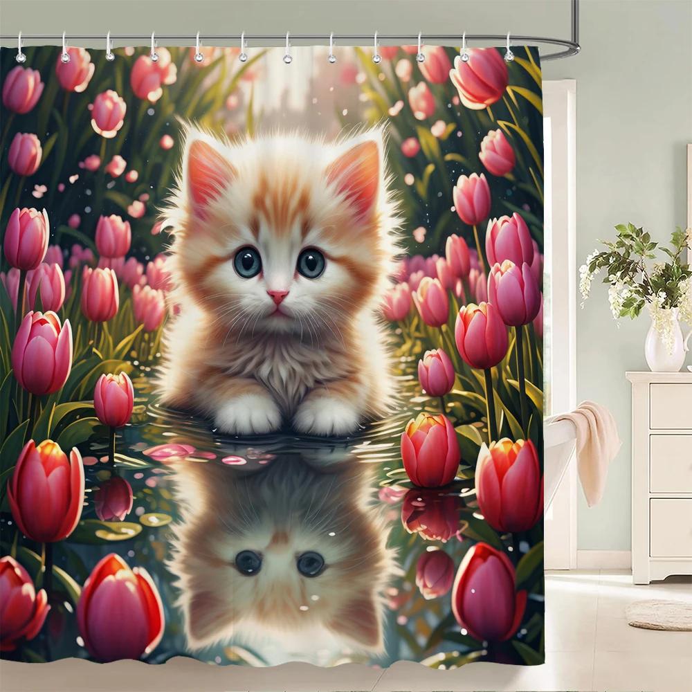 Floral Summer Shower Curtain Cat and Dog Animals Fabric Shower Curtains for Rustic Bathroom Decor Spring Plant Shower Curtain