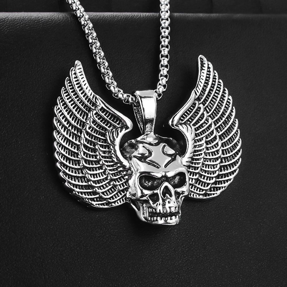 Hip Hop Vintage Wings Skull Pendant Necklace For Women Men Retro Copper Color Stainless Steel Box Chain Neck Rock Jewelry Gifts