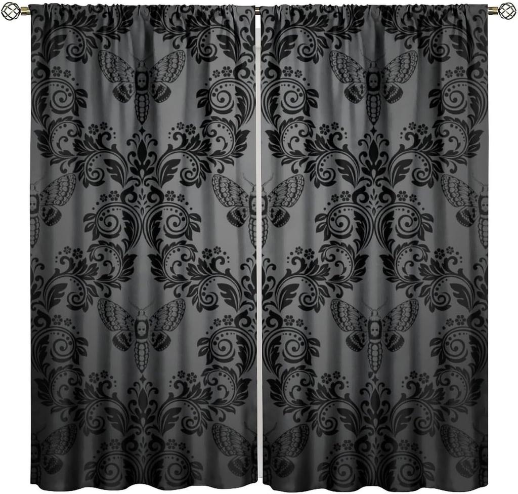 Gothic Black Damask Curtain Vintage Floral Exotic Suger Skull Window Treatments Bedroom Bone Skeleton Antique Bohemian Polyester Washable Ready