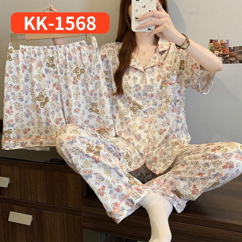 Sweet Striped Bow Print Korean Style Crinkle Pajamas Set for Women - Three-Piece, Short Sleeve Homewear.