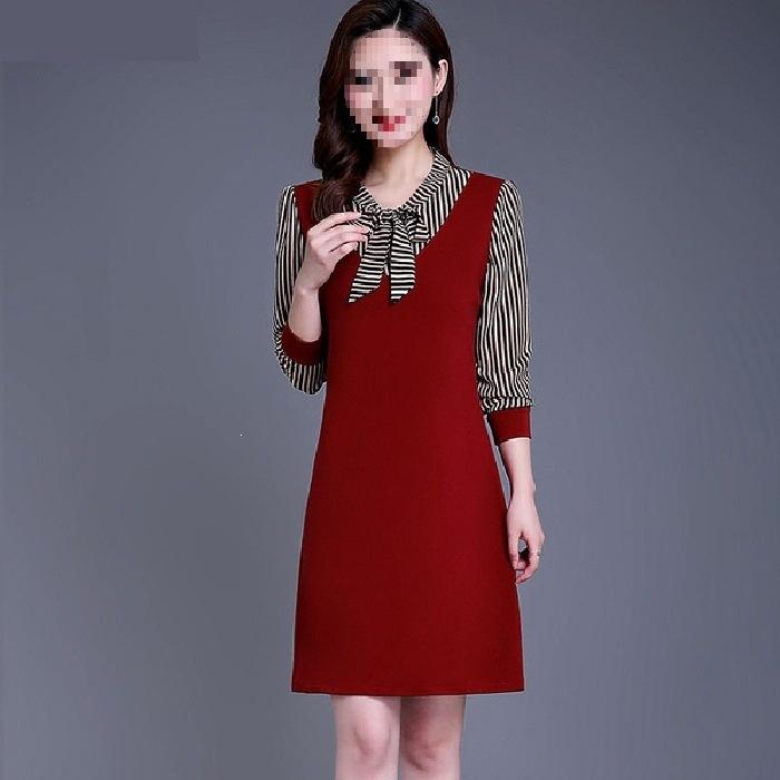 Fashion Mom Striped Bow Splicing Contrasting Color Long Sleeve Dress Women's Spring and Autumn Temperament Fake Two-piece Medium Dress