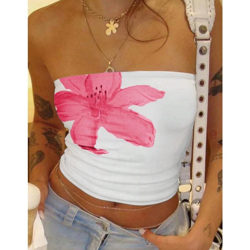 Mode Ärmelloses Bedrucktes Sommer Schlauchtop Lässig Elegant Figurbetontes Kurzes T-Shirt Lässige Einfache Crop Tops Damen Streetwear Trägerloses Top Damenbekleidung