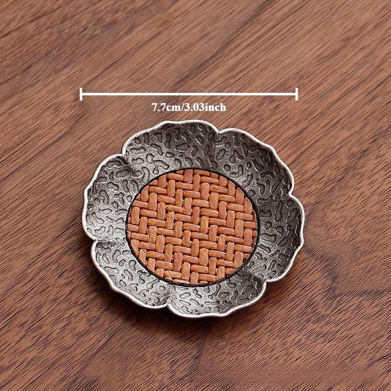 Chiński Antyczny Stop Srebra Podstawka pod Szklankę Mata Bambusowa Izolacja Cieplna Taca pod Filiżankę Chiński Zestaw do Herbaty Kung Fu Gongfu Akcesoria Naczynia do Herbaty