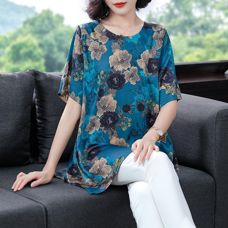 Female Clothing Vintage Floral Printed Midi T-shirt Round Neck Summer Short Sleeve Irregular All-match Loose Folk Pullovers