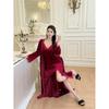 New French long velvet sexy pajamas lace temptation pure desire wind suspender nightdress robe loungewear set