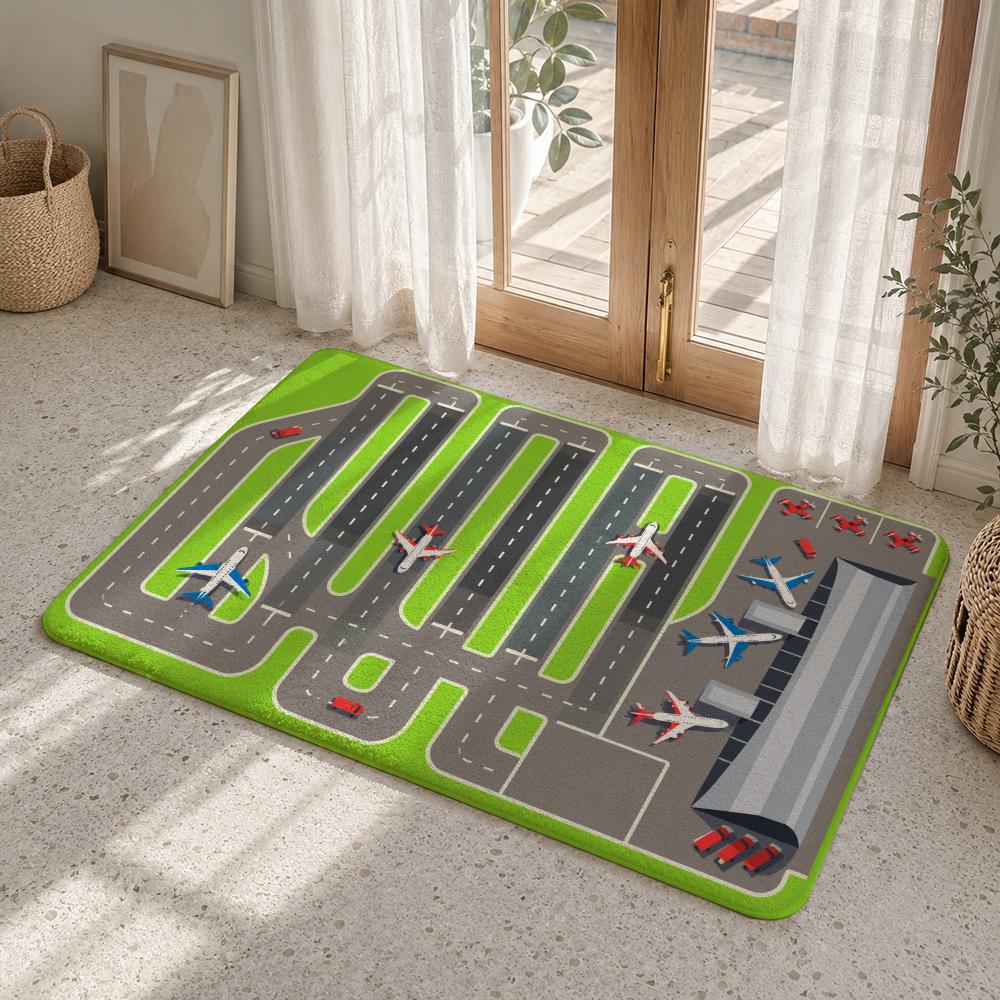Airport Runway Plane Scenes Floor Mat Flannel Rug Soft Non Slip Washable Door Mat For Bathroom Bedroom Kitchen Home Decor