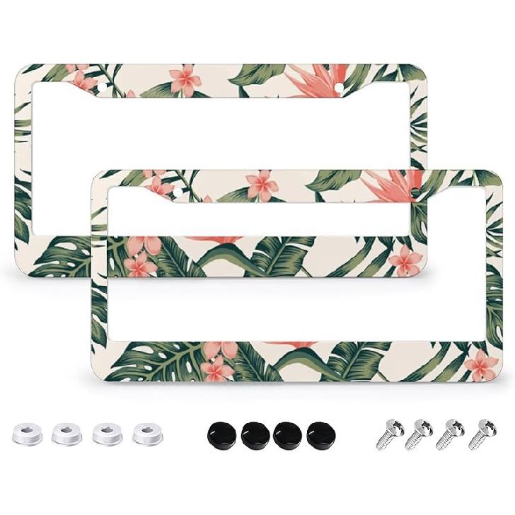 Tropical Palm Leaves License Plate Frames - 2 Pcs Set 2 Holes Metal Aluminum Auto Car Accessories Decoration License Plate Frame 6.3" X 12.2" Fit US
