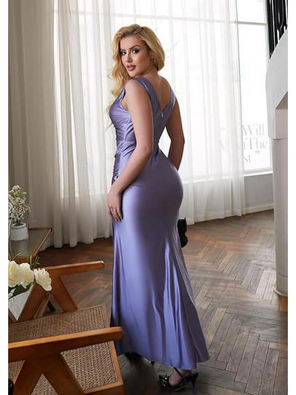 European & American Slim Fit Solid Color Satin Slit Dress