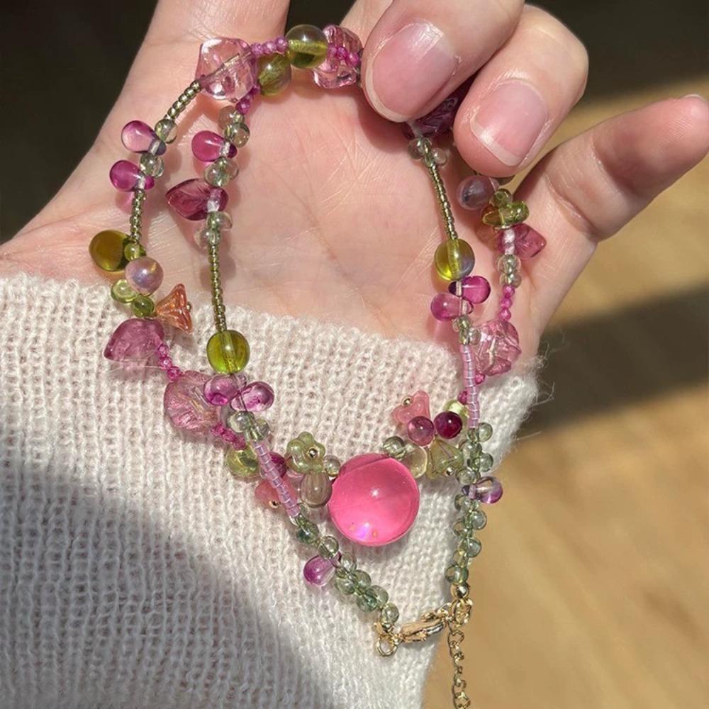 Cute Y2K Bohemian Cartoon Resin Cherry Fruit Flower Pendant Bead Choker Necklace for Girls Harajuku Charm Jewelry Accessories