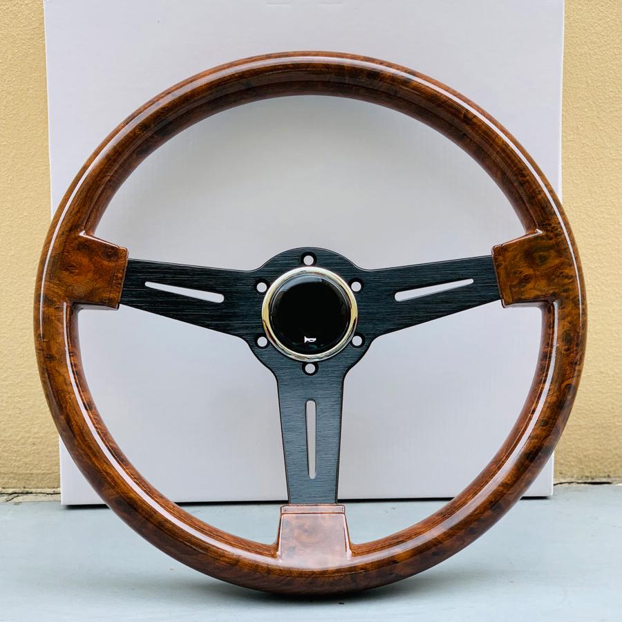 JDM Classic Wood Film Steering Wheel 14inch Racing Sports Wooden Steering Wheel Black Nar--