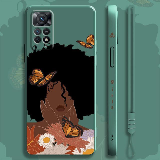 Hübsches afrikanisches Mädchen Gänseblümchen Blume Schmetterling Flüssighülle für Xiaomi Redmi Note 11 11t 9 9s 8 10 Pro für Redmi 8 9t 9a 9c 10c Abdeckung