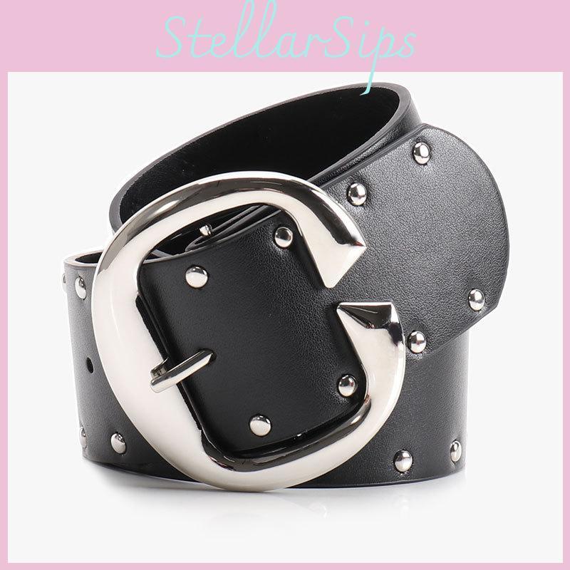 Hop Hip Inspired Women Leather Belt With Double Row Rivets And Large C Buckle