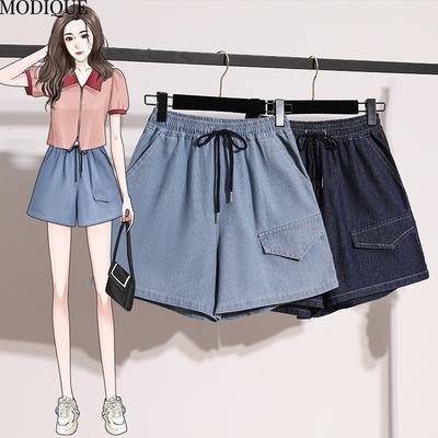 MODIQUE 2025 New Plus Size Women's Loose Casual A-Line Wide Leg With Drawstring Hottie Denim Shorts Ladies Basic Elastic High-waisted Pants Jeans