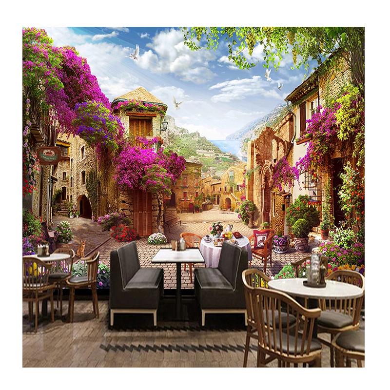 3D Tapete Europäische Stadt Pastorale Stadt Wandbild Landschaft Natur Wandmalereien Café Restaurant Wandpapier