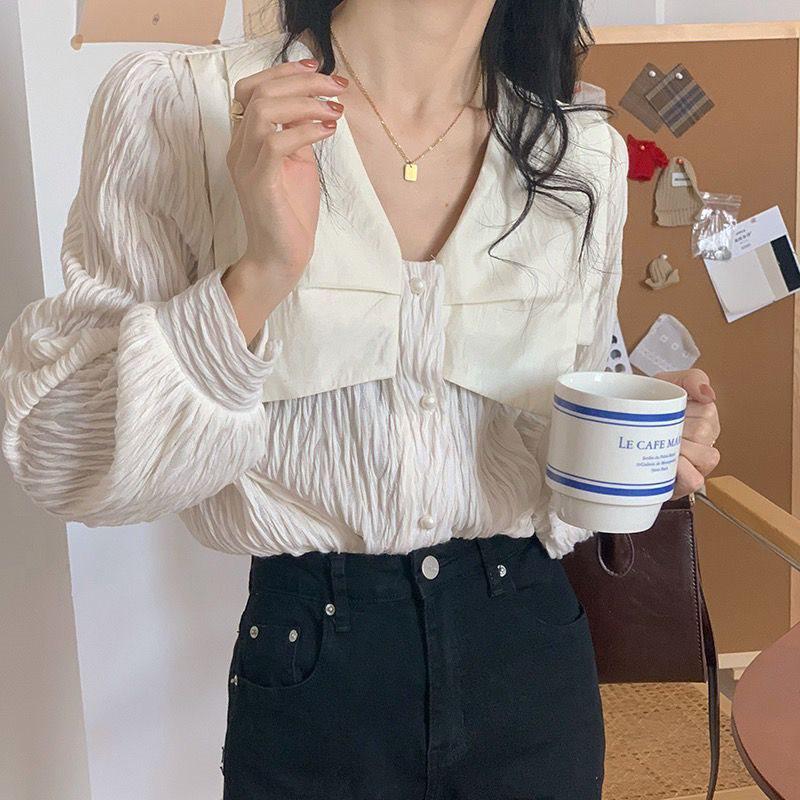 

Black Women s Long Sleeve Korean Chic Blouse - French Collar, Lightly Mature Style, New Spring Collection L (Recommend 110-120) белый