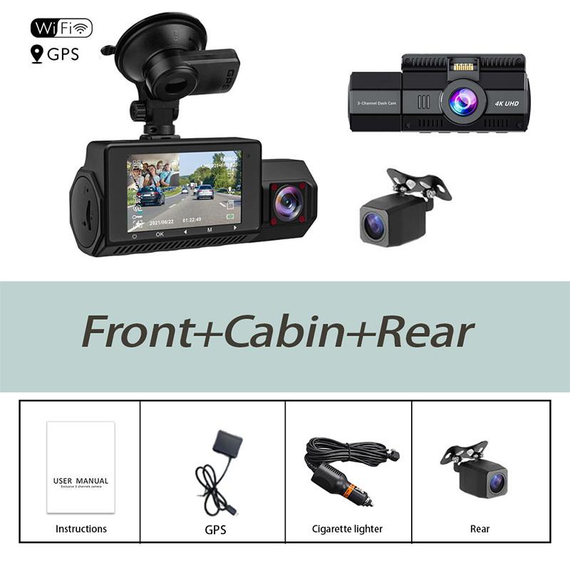 

3-канальный видеорегистратор спереди внутри сзади трехсторонняя автомобильная видеорегистратор 4K+1080P+1080P GPS WiFi ИК ночное видение DVR черный ящик none