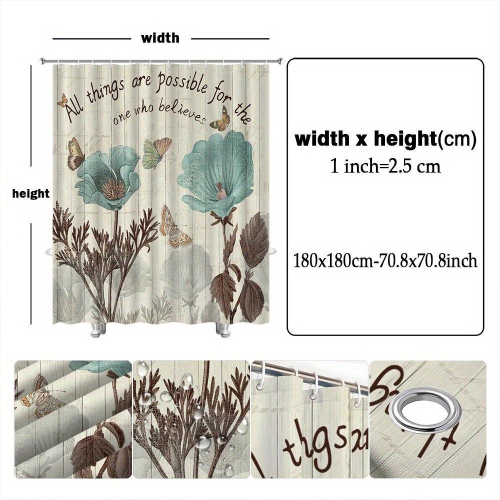 1pc Vintage Teal Poppy & Butterfly Curtain, Birds & Quote, Polyester, 70x70 Inch, 12 Hooks, Nature-Inspired Bath Accessory