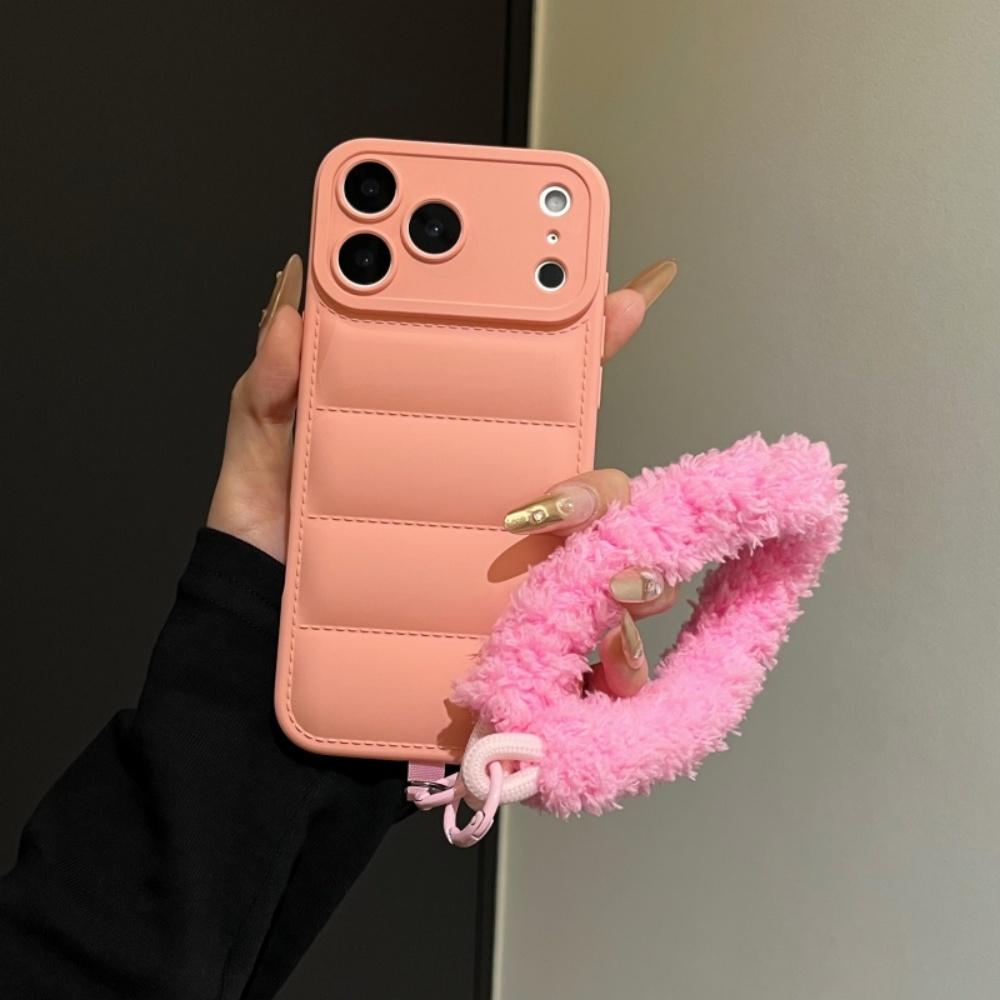 

Розкішна пухова куртка Хутряний ремінець-шнурок Чохол для iPhone 17 16 Pro Max Air 14 15 Plus 11 12 13 X Xr Xs Плюшевий ремінець на зап ястя Зимовий чохол iPhone X рожевий