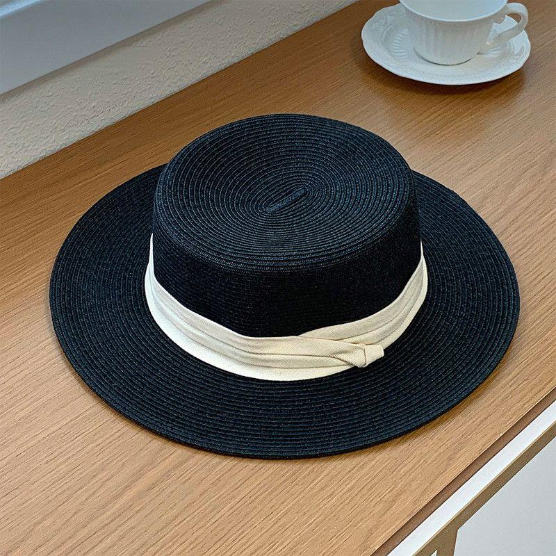 

Summer All-Match Sun Hat Women s French Style British Straw Hat Seaside Beach Sun Hat Sunshade Fancy Top Hat 8763-black [French flat-top straw hat]]