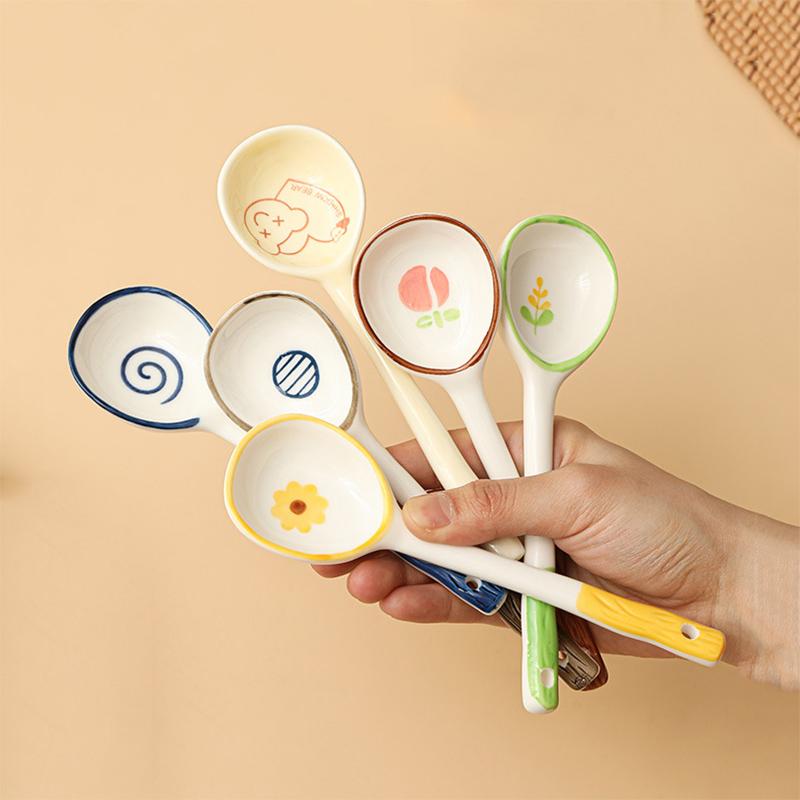 Kawaii Flower Ceramic Soup Spoon Cute Korean Ice Cream Hand Painted Coffee Dessert Long Handle Spoon Kitchen Accessories