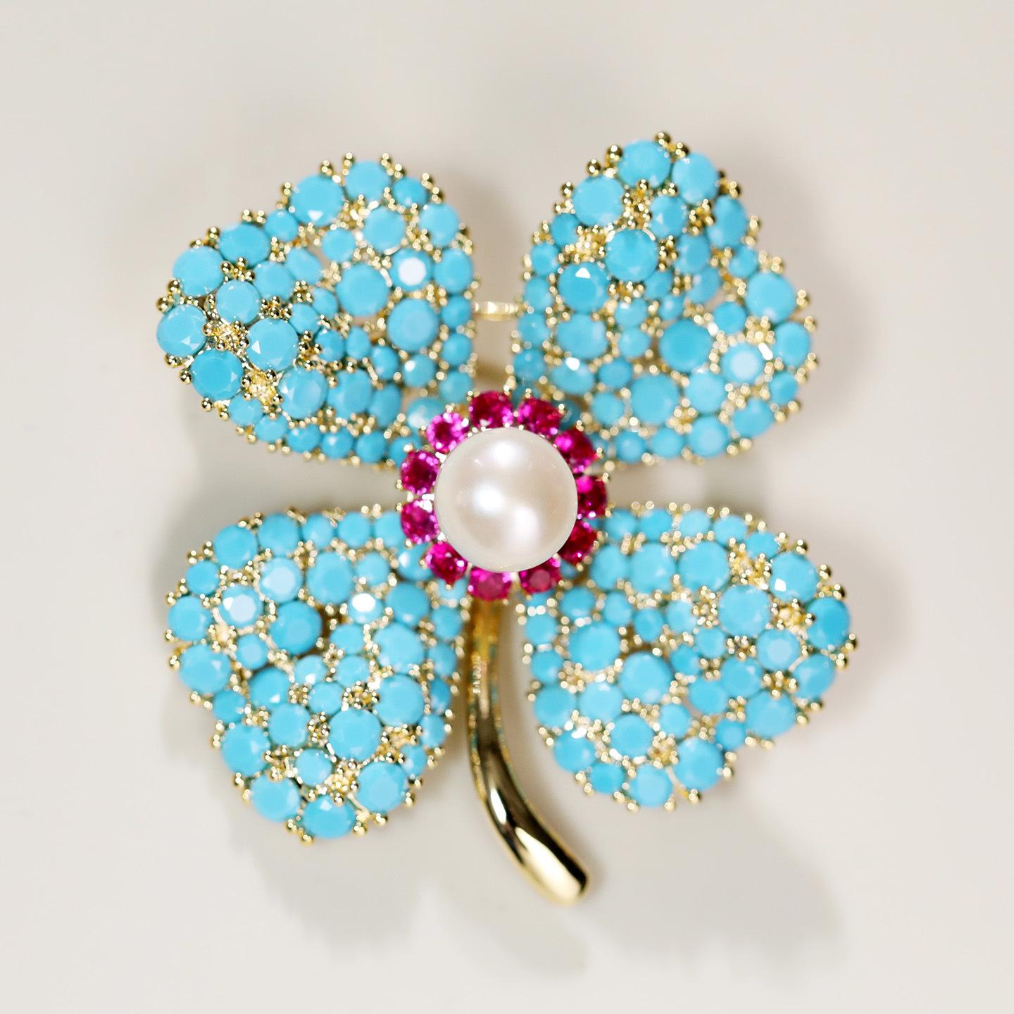 Turkish Blue Four-Leaf Clover Brooch with Freshwater Pearl Flower