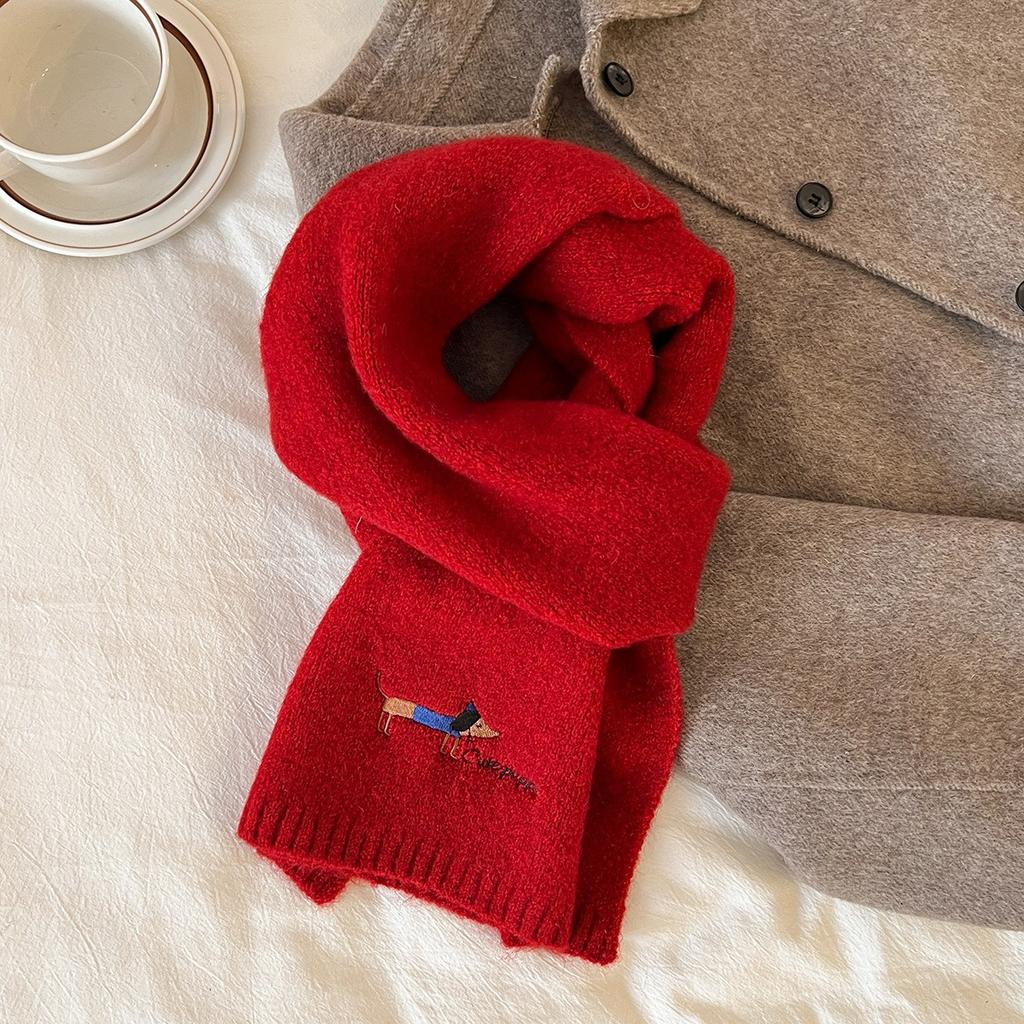 New Autumn and Winter Knitted Wool Scarf for Women Korean Version Versatile Embroidered Dachshund Woolen Neck Scarf Thickened Warm Scarf