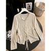 apricot v-neck lace-up sunscreen long-sleeved knitted cardigan with suspender skirt in summer and thin air-conditioning blouse top